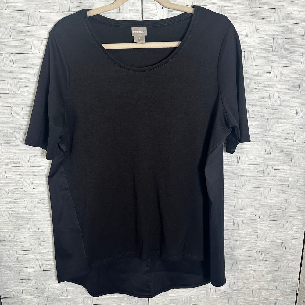 Chico's Women's Top Black knit front satin back round hem minimalist‎ lagenlook